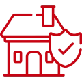 Red house with a shield and a check mark on it, indicating that it is a home security icon icon