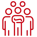 Red line drawing of a group of people standing in a circle